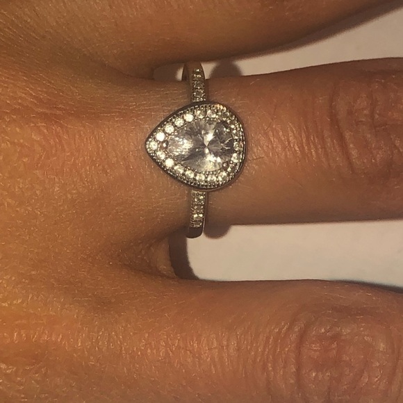 STERLING Silver Tear Drop / Pear Shape Halo Half Eternity Engagement Ring Sz 8 - Picture 6 of 9